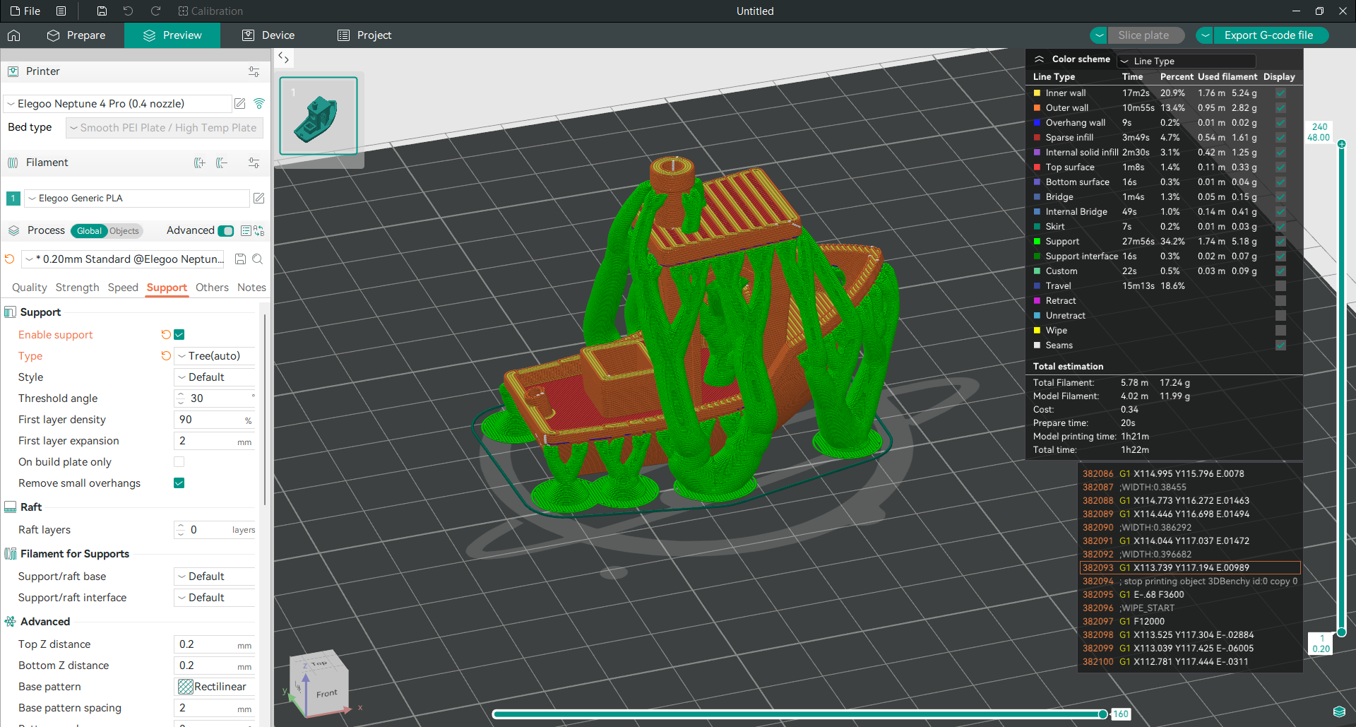 A sliced 3D model displayed in OrcaSlicer
